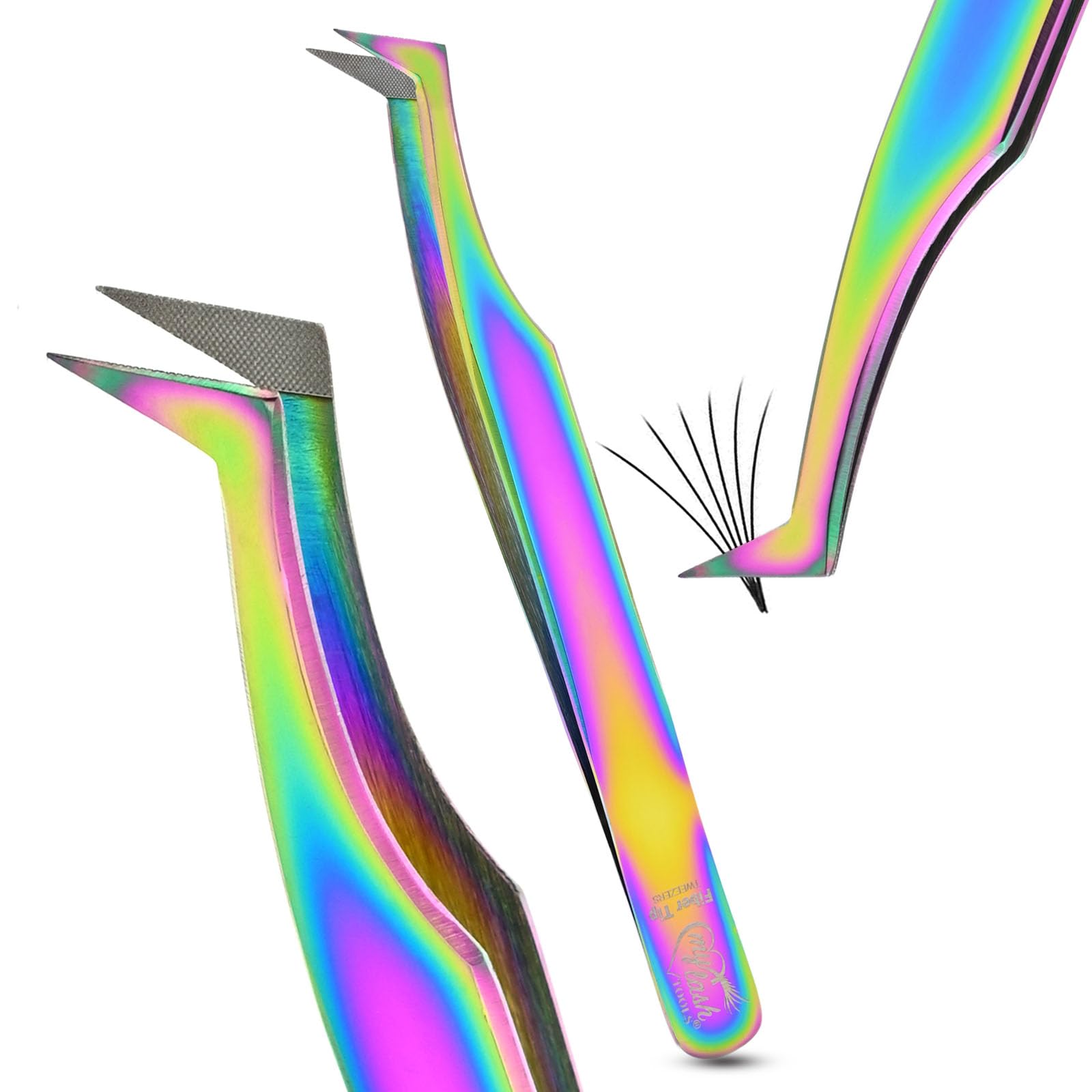 Fiber Tip Lash Tweezer Classic Curved Tip – Non Slip Diamond Grip, Precision Extension Tool for Volume, Cluster & Classic Styles, Stainless Steel Applicator for Eyelash Extensions (Rainbow)