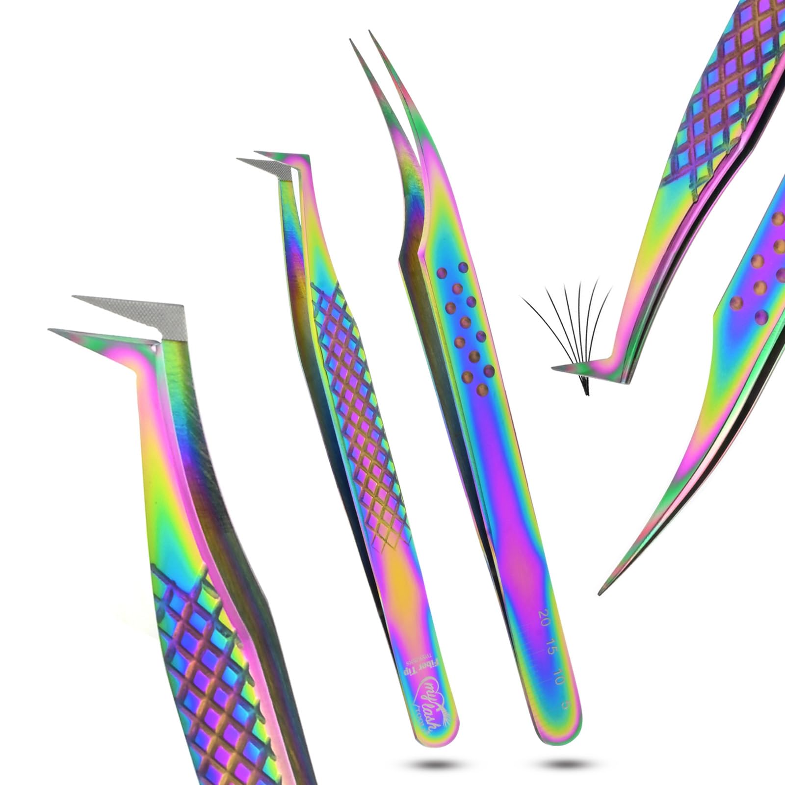 Fiber Tip Lash Tweezer Classic Curved Tip – Non Slip Diamond Grip, Precision Extension Tool for Volume, Cluster & Classic Styles, Stainless Steel Applicator for Eyelash Extensions (Rainbow)