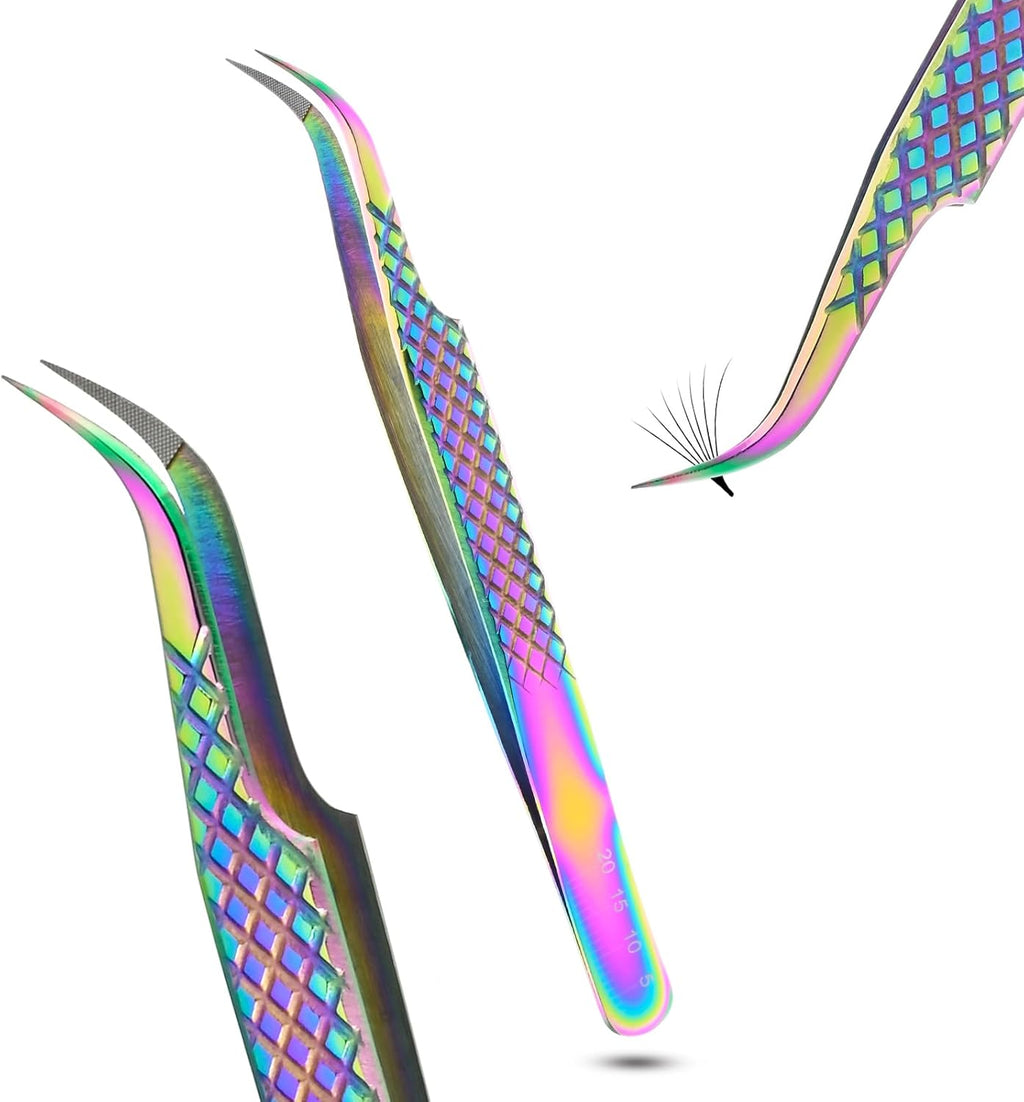 Fiber Tip Lash Tweezer Classic Curved Tip – Non Slip Diamond Grip, Precision Extension Tool for Volume, Cluster & Classic Styles, Stainless Steel Applicator for Eyelash Extensions (Rainbow)