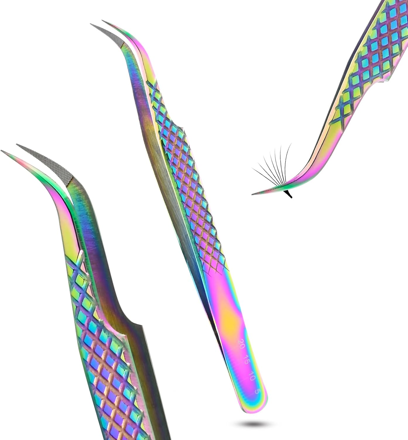 Fiber Tip Lash Tweezer Classic Curved Tip – Non Slip Diamond Grip, Precision Extension Tool for Volume, Cluster & Classic Styles, Stainless Steel Applicator for Eyelash Extensions (Rainbow)