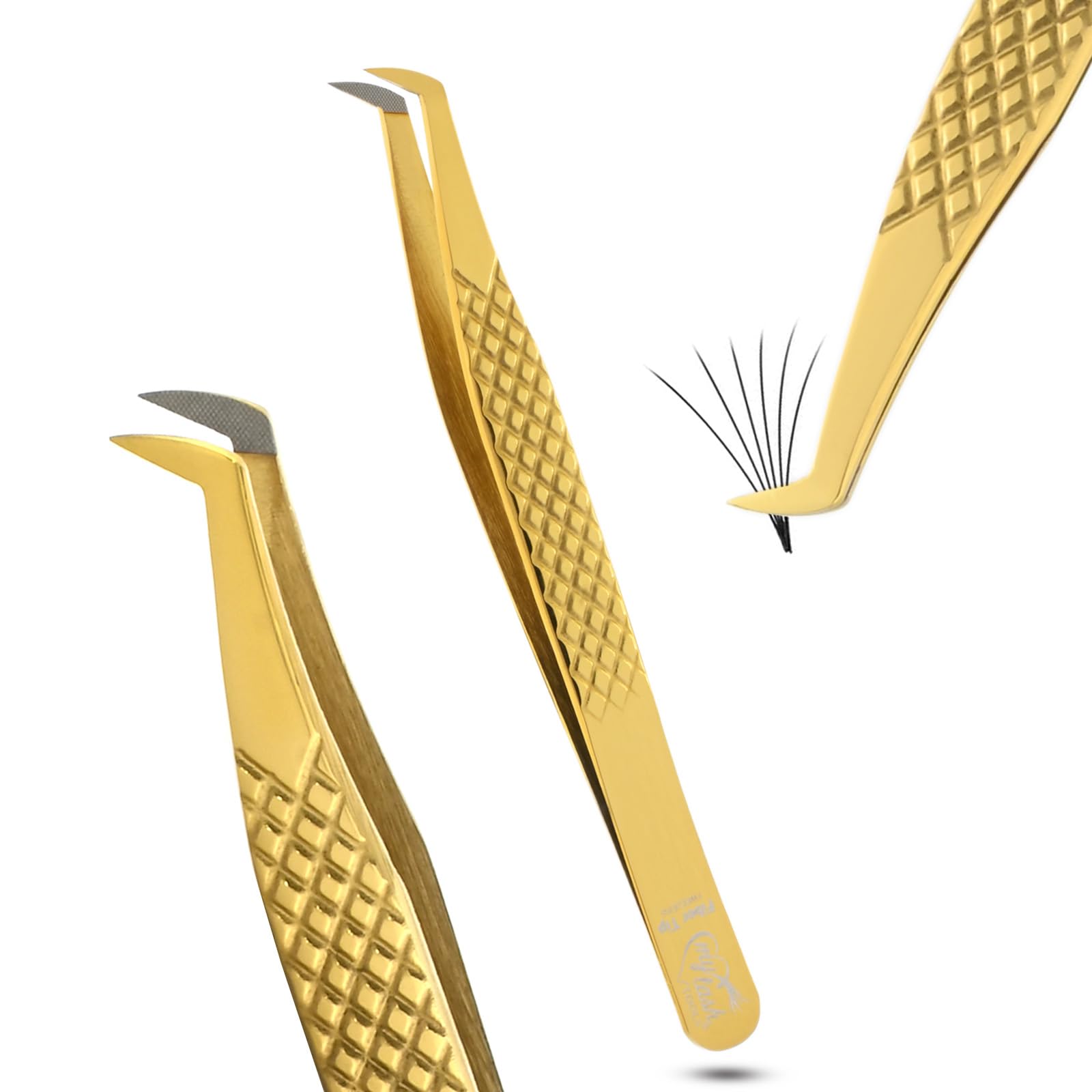 Fiber Tip Lash Tweezer Classic Curved Tip – Non Slip Diamond Grip, Precision Extension Tool for Volume, Cluster & Classic Styles, Stainless Steel Applicator for Eyelash Extensions (Rainbow)