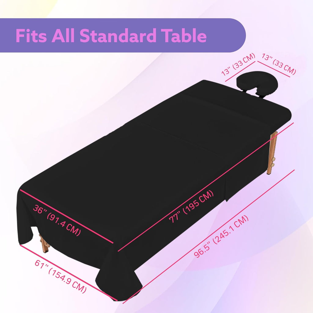 Massage Table Sheets Set – 3 Piece 4 Set, Microfiber Spa Bed Sheets, Cotton-Feel Massage Bed Cover, Wrinkle & Oil Resistant, Soft Accessories for Estheticians – Black