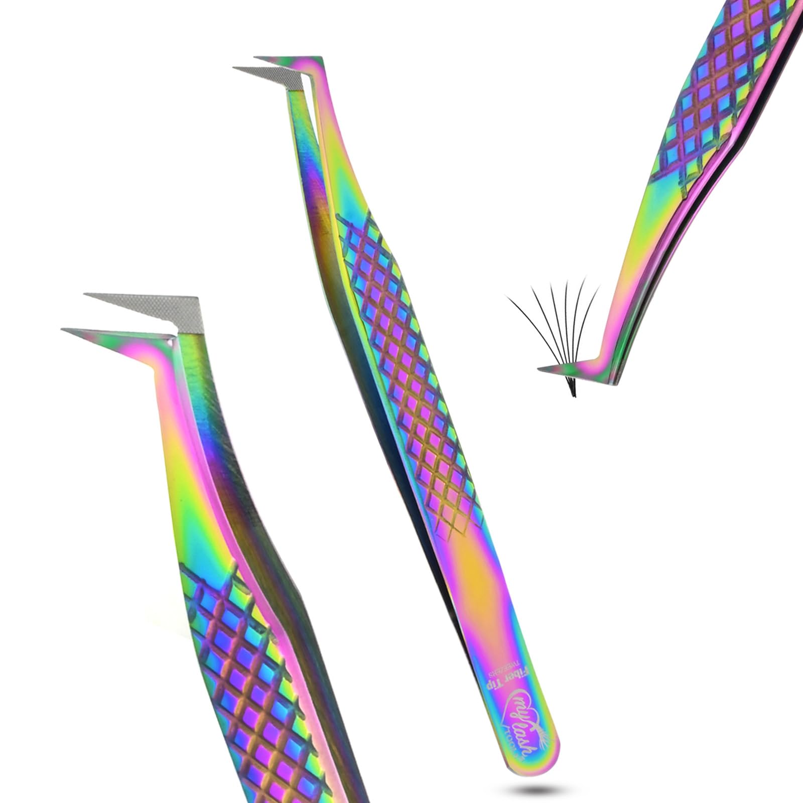Fiber Tip Lash Tweezer Classic Curved Tip – Non Slip Diamond Grip, Precision Extension Tool for Volume, Cluster & Classic Styles, Stainless Steel Applicator for Eyelash Extensions (Rainbow)