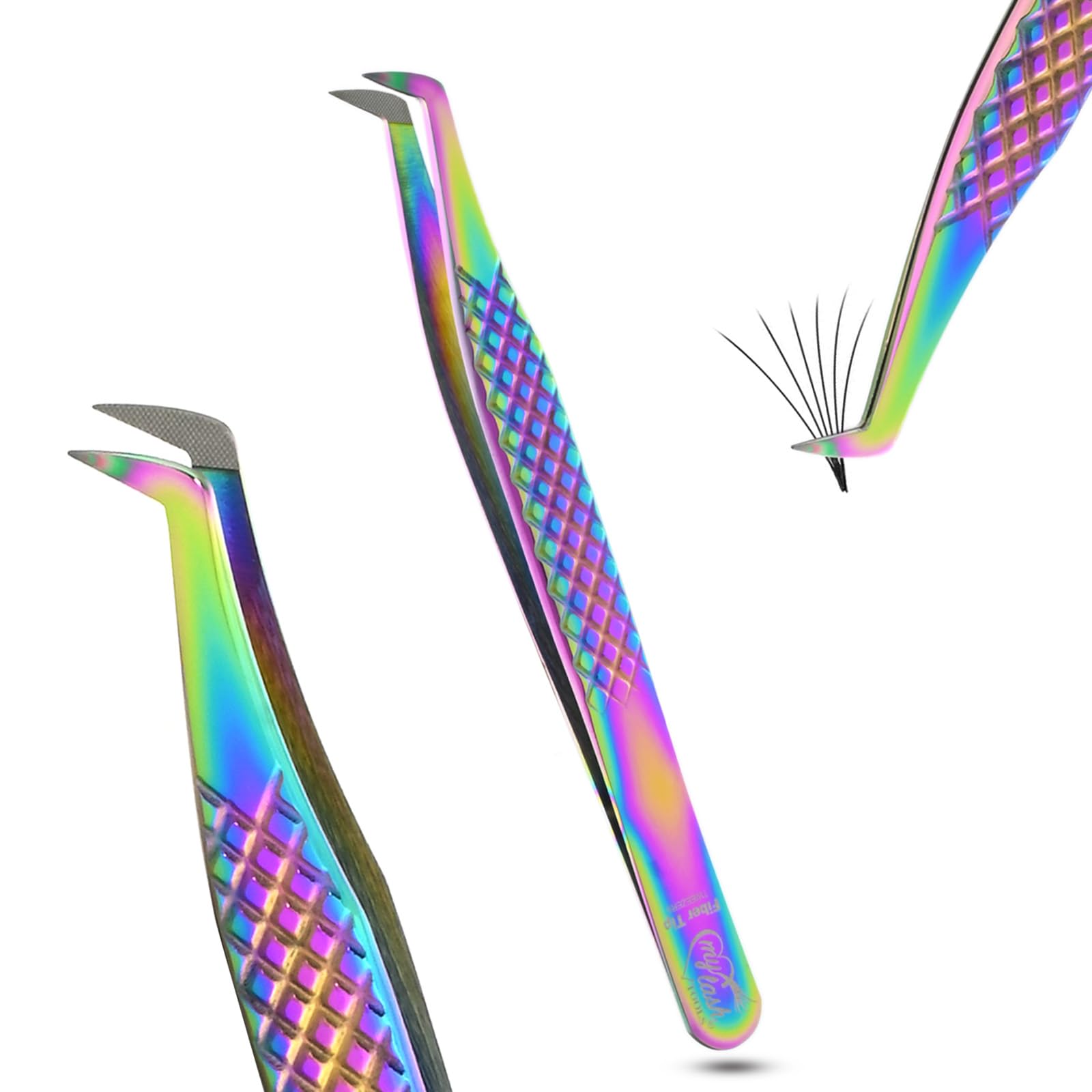 Fiber Tip Lash Tweezer Classic Curved Tip – Non Slip Diamond Grip, Precision Extension Tool for Volume, Cluster & Classic Styles, Stainless Steel Applicator for Eyelash Extensions (Rainbow)