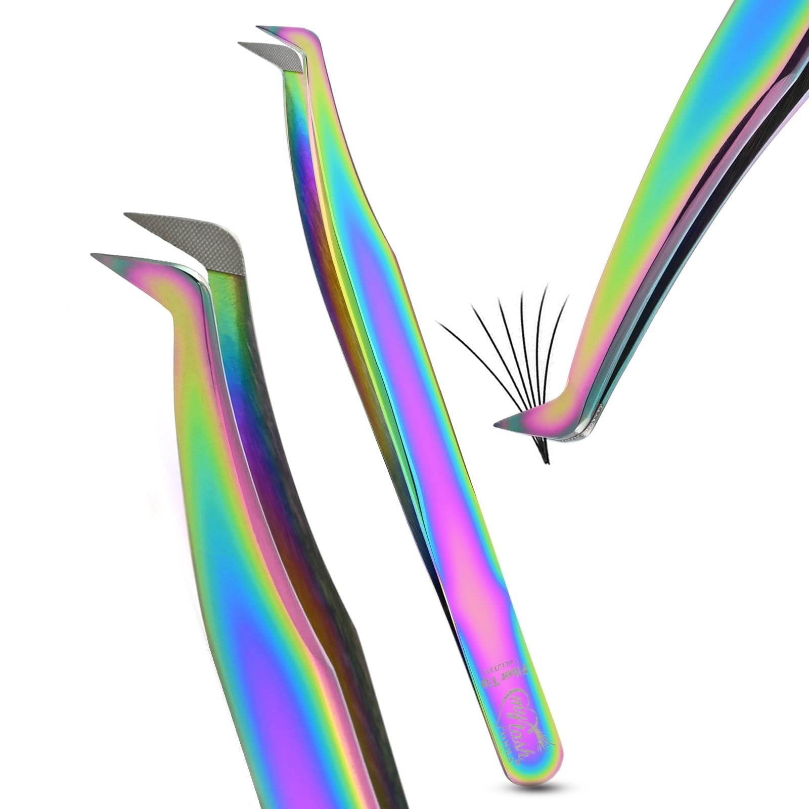 Fiber Tip Lash Tweezer Classic Curved Tip – Non Slip Diamond Grip, Precision Extension Tool for Volume, Cluster & Classic Styles, Stainless Steel Applicator for Eyelash Extensions (Rainbow)