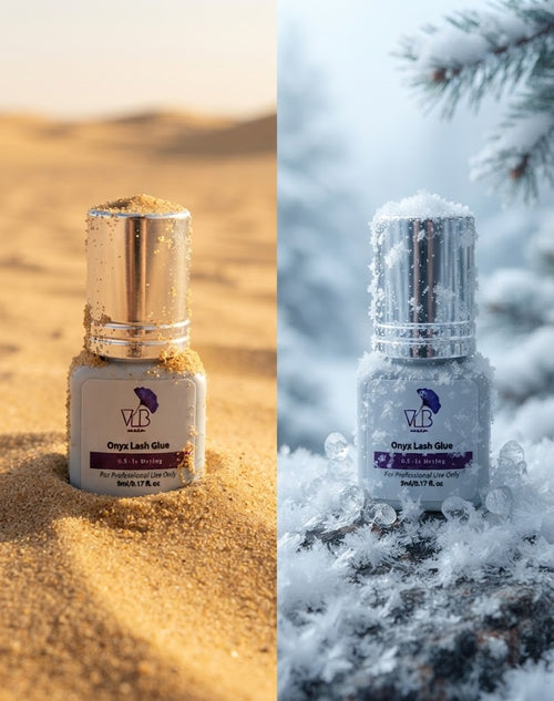 Two small bottles of VLP Onyx Lash Glue shown side by side in contrasting environments: one standing in warm sand under a golden sky, and the other covered in frost under a snowy blue-white background. The bottles are frosted with matching glittery gold and icy silver glitter glazes.