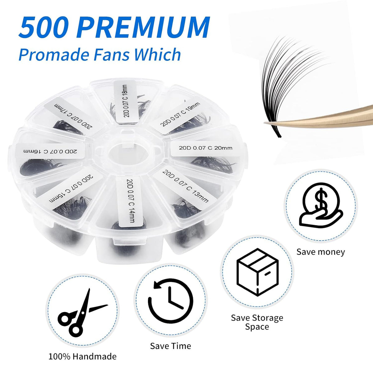 WENDY LASHES Pre-Made Fan Extensions | 20D 0.07 D Curl 500pcs