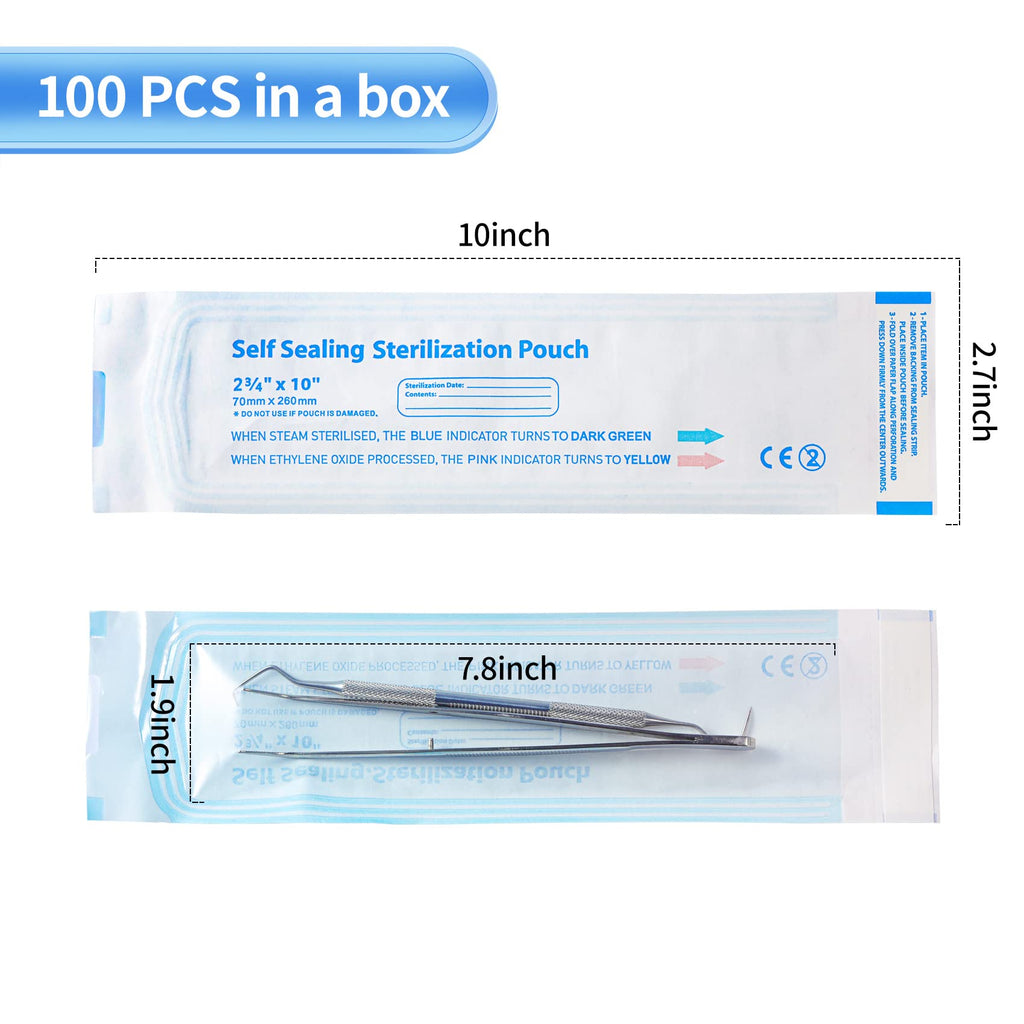 100 Pcs Self Sealing Sterilization Pouches, 7.6 x 2.8 Inches