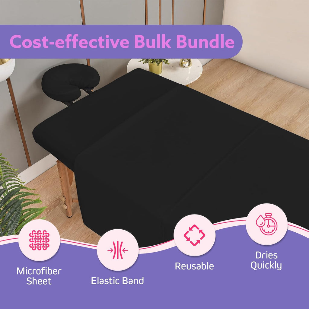 Massage Table Sheets Set – 3 Piece 4 Set, Microfiber Spa Bed Sheets, Cotton-Feel Massage Bed Cover, Wrinkle & Oil Resistant, Soft Accessories for Estheticians – Black