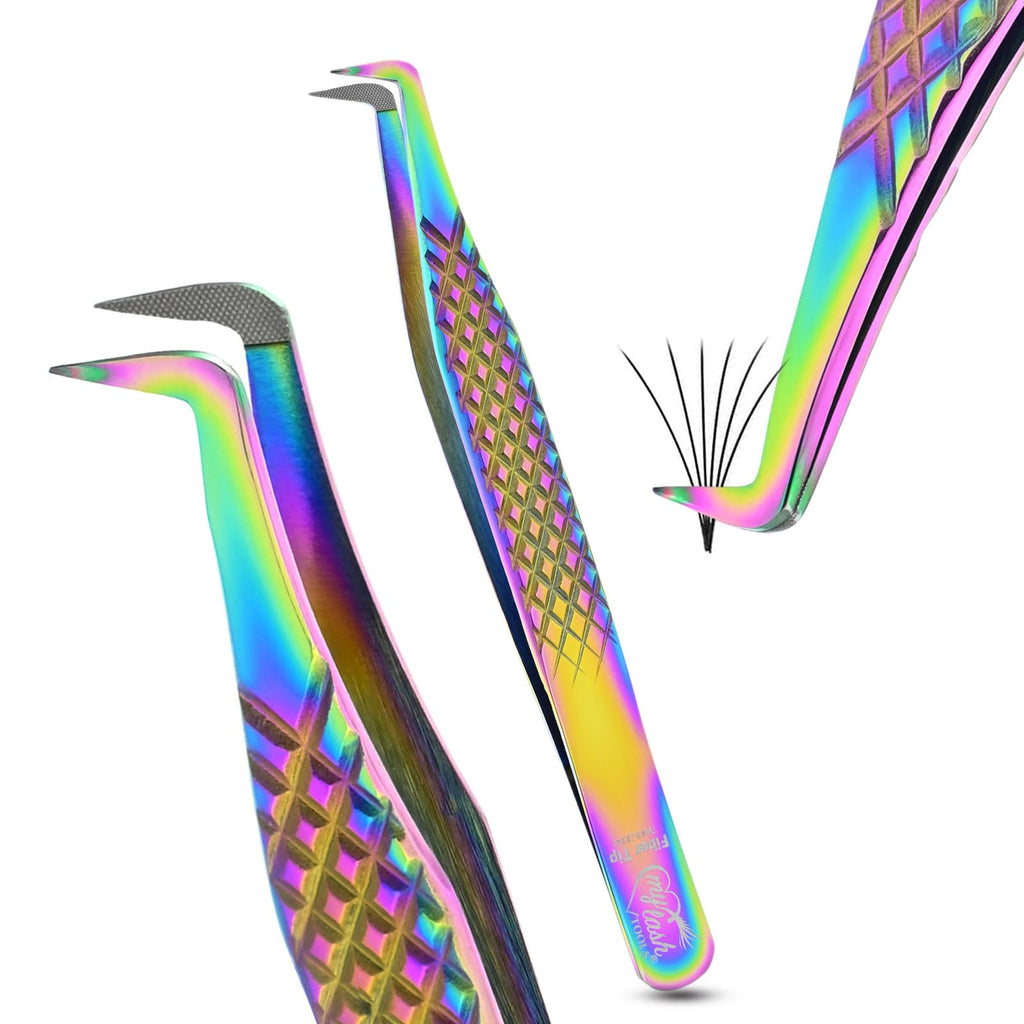 Fiber Tip Lash Tweezer Classic Curved Tip – Non Slip Diamond Grip, Precision Extension Tool for Volume, Cluster & Classic Styles, Stainless Steel Applicator for Eyelash Extensions (Rainbow)