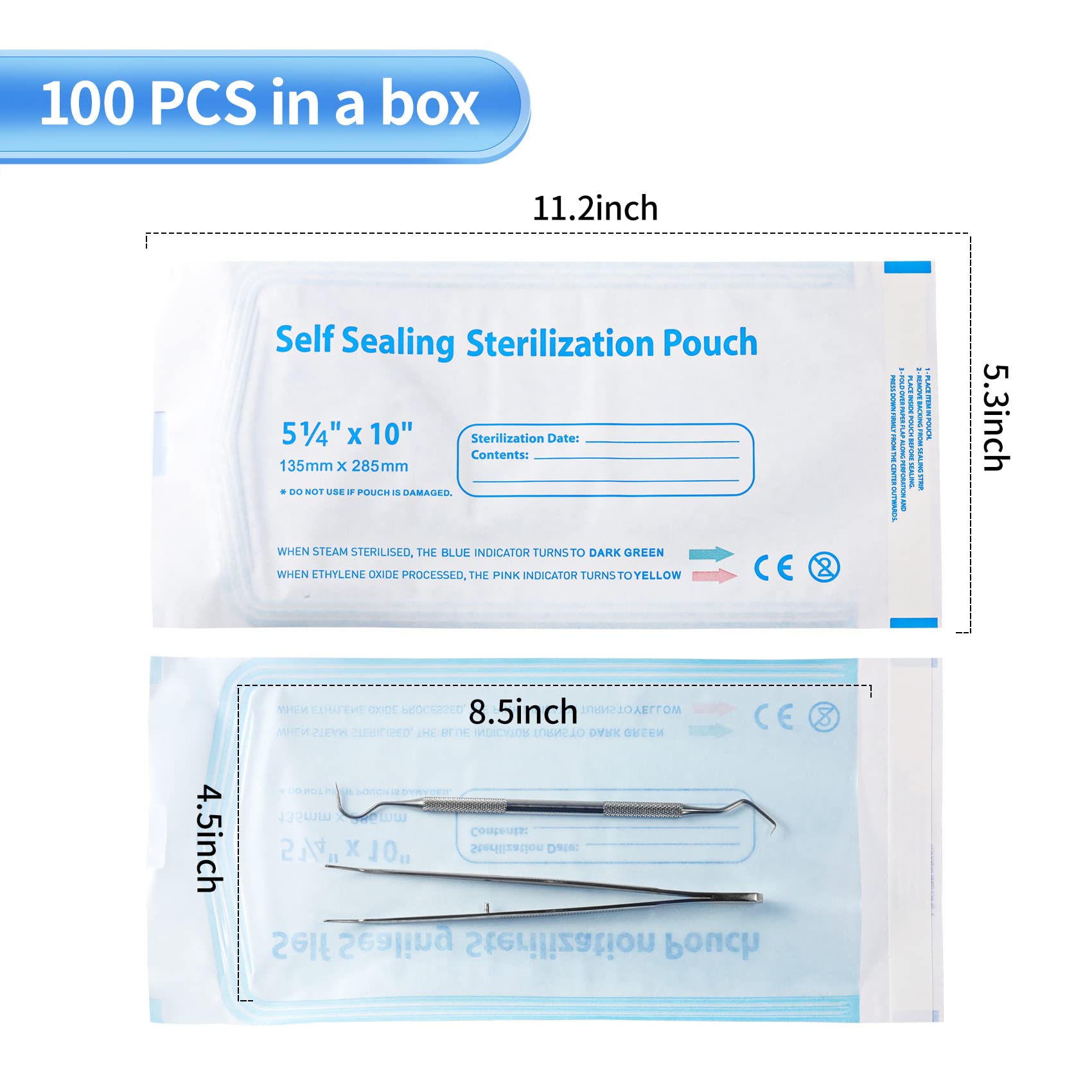 100 Pcs Self Sealing Sterilization Pouches, 7.6 x 2.8 Inches
