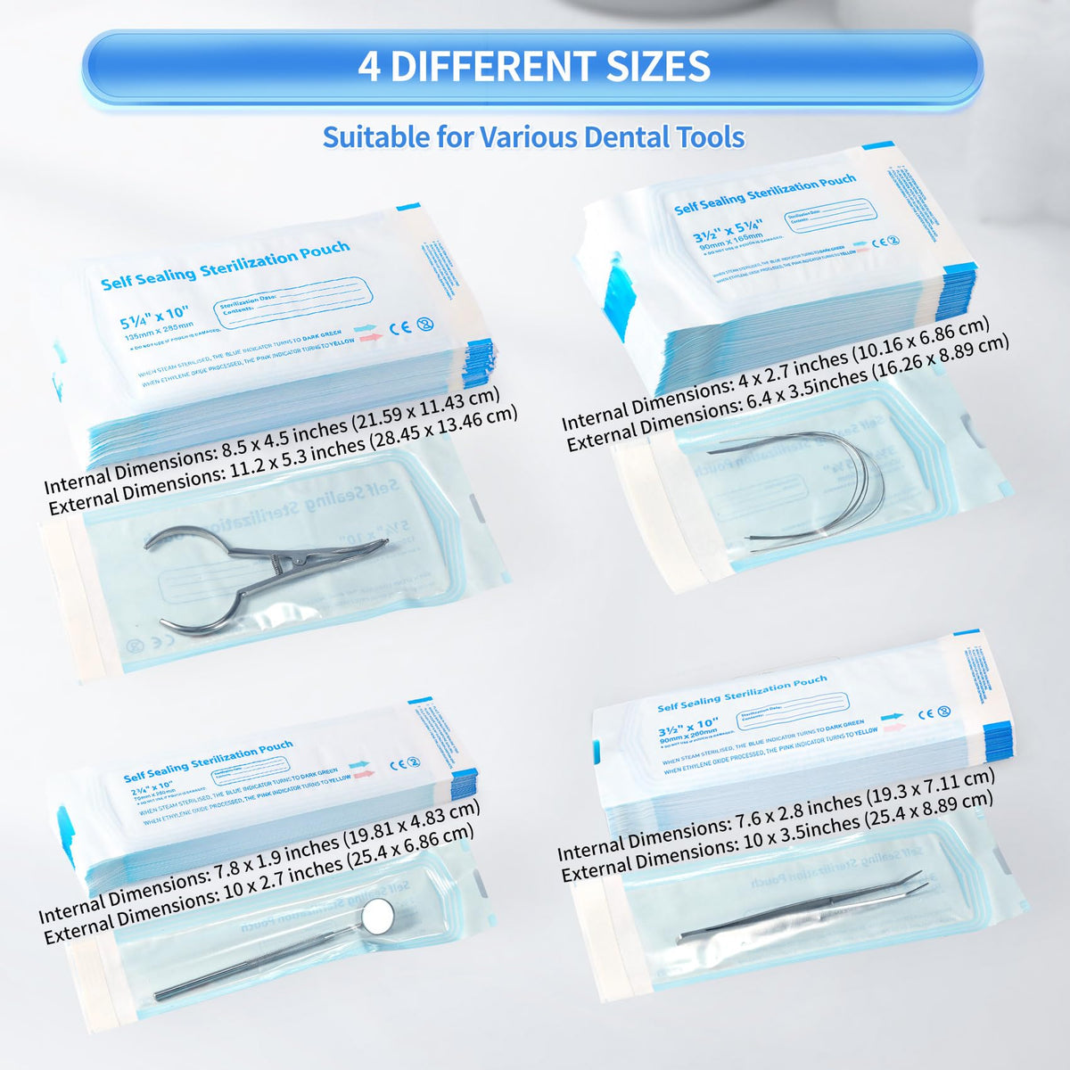 100 Pcs Self Sealing Sterilization Pouches, 7.6 x 2.8 Inches