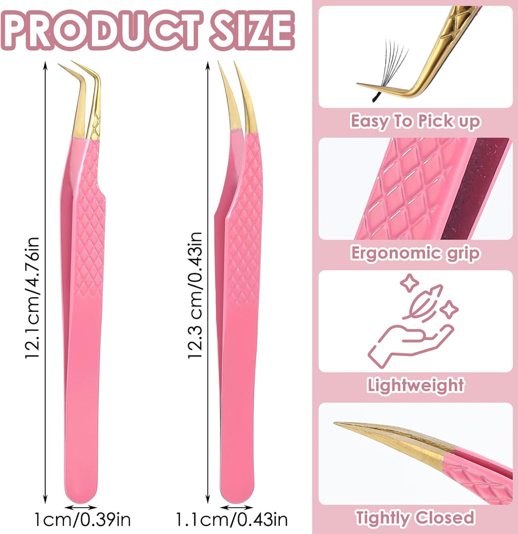 2Pcs Lash Tweezers for Eyelash Extensions 90 Degree Eyelash Extension Tweezers Fiber Tip Lash Tweezers False Eyelash Tweezers Lash Cluster Tweezers for Volume Lashes, Pink