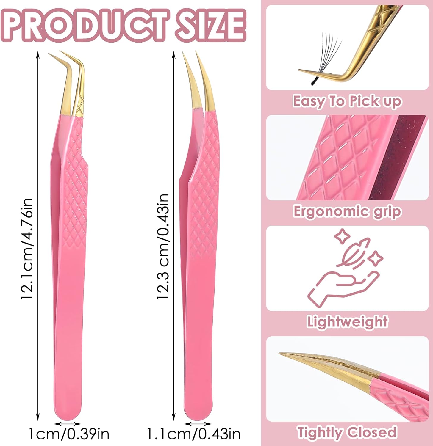 2Pcs Lash Tweezers for Eyelash Extensions 90 Degree Eyelash Extension Tweezers Fiber Tip Lash Tweezers False Eyelash Tweezers Lash Cluster Tweezers for Volume Lashes, Pink