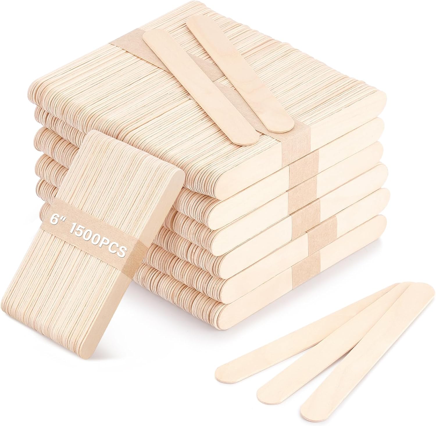 1500 Pcs Wooden Wax Sticks 6-Inch Jumbo Wood Waxing Stick Wax Spatulas Applicator Multi-Purpose Wood Popsicle Craft Sticks for Body Hair Removal, Tongue Depressors and Craft Projects