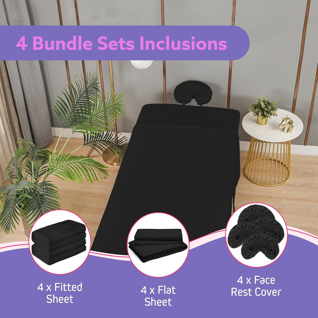 Massage Table Sheets Set – 3 Piece 4 Set, Microfiber Spa Bed Sheets, Cotton-Feel Massage Bed Cover, Wrinkle & Oil Resistant, Soft Accessories for Estheticians – Black