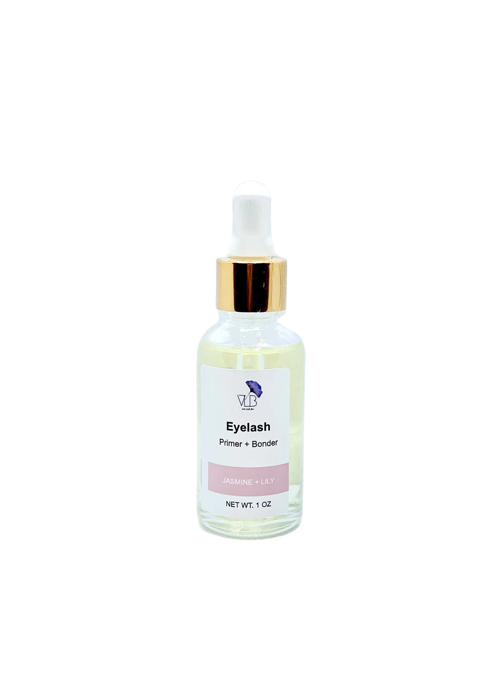 A small glass dropper bottle labeled 'Eyelash Primer + Bonder' with a white dropper top, gold collar, and pale yellow liquid inside, centered on a light blue background.